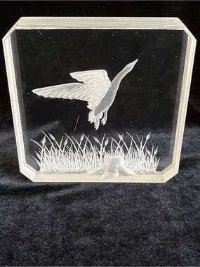 Vintage Ronald Fox Etched Lucite Acrylic Duck Goose in Flight Flying Signed